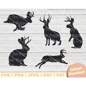 May include: A set of four black silhouette images of animals with antlers. The animals include a rabbit, a deer, and two variations of a deer with large antlers. The images are set against a white woodgrain background.
