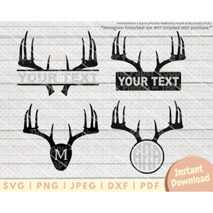 May include: Four black silhouette images of deer antlers. The first two images have a blank space for text. The third image has a blank circle for a monogram. The fourth image has a blank rectangle for text. The text "YOUR TEXT" is shown in the image.