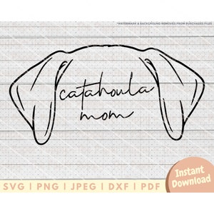 May include: Black and white line art illustration of a Catahoula dog's head with the text "catahoula mom" written in cursive.