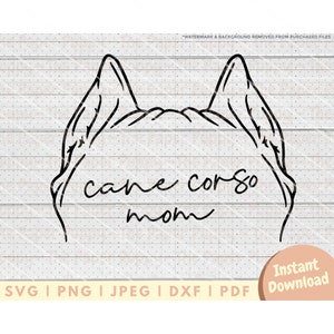 May include: Black and white line art illustration of a Cane Corso dog's head with the text "cane corso mom" underneath.