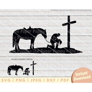 Biddende cowboy SVG-bestand - png, pdf, dxf, gesneden bestand voor uitstekers en meer - digitale download cowboy en paard - knielende cowboy clipart