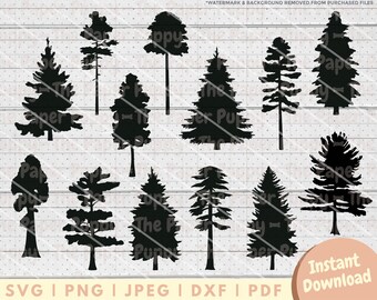 May include: A set of 12 black silhouette images of various pine trees. The trees are all different shapes and sizes, and they are all facing the same direction. The images are perfect for use in crafting projects, scrapbooking, or digital design.
