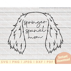 Op de afbeelding: Zwart-witte lijntekening van een Springer Spaniel hond met de tekst "Springer Spaniel Mom" geschreven binnen de contouren van de hond.