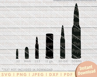 Paquete de archivos Bullet SVG - PNG, PDF, Dxf, archivo de corte para cortadores y más - Descarga digital instantánea de munición - Cartucho de escopeta - Balas de rifle - 9 mm
