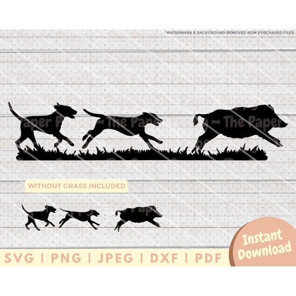 Wildschweinjagd SVG - PNG, PDF, Dxf, Schnittdatei für Schneider und mehr - Hunde jagen Wildschwein Sofortiger digitaler Download - Schweinejagd Clipart Vektor