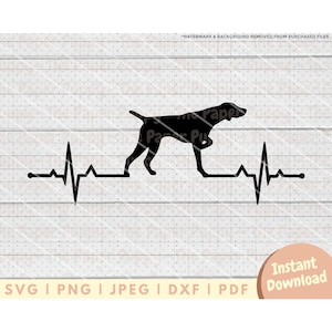 May include: Black silhouette of a German Shorthaired Pointer dog with a heartbeat line below it. The dog is in a pointing position, with its head turned to the right. The text "Instant Download" is in the lower right corner of the image.