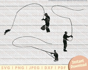 Pesca con mosca SVG - PNG, PDF, Dxf, archivo de corte para cortadores y más - Descarga digital instantánea de silueta de pescador con mosca - Vector de imágenes prediseñadas de peces