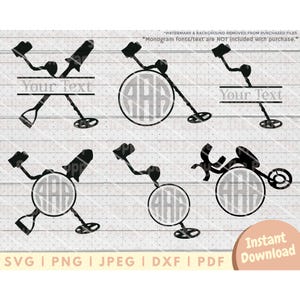 May include: Six black and white digital designs featuring a metal detector and a shovel. The designs include a monogram circle with the letters "AAA" and the text "Your Text".