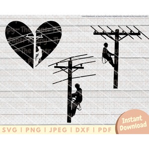 May include: A black and white silhouette of a lineman climbing a utility pole with power lines. The lineman is wearing a hard hat and safety gear. The image is in the shape of a heart.