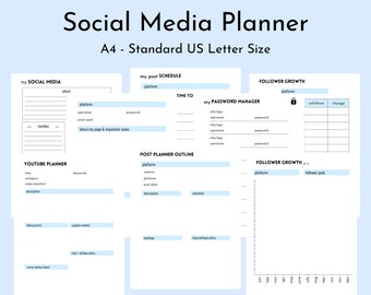 Peut inclure: Un planificateur de médias sociaux imprimable avec des sections pour les poignées de médias sociaux, le planificateur YouTube, le calendrier des publications, le gestionnaire de mots de passe, la croissance des abonnés et le plan de publication. Le planificateur est conçu pour du papier A4 ou au format lettre US standard.