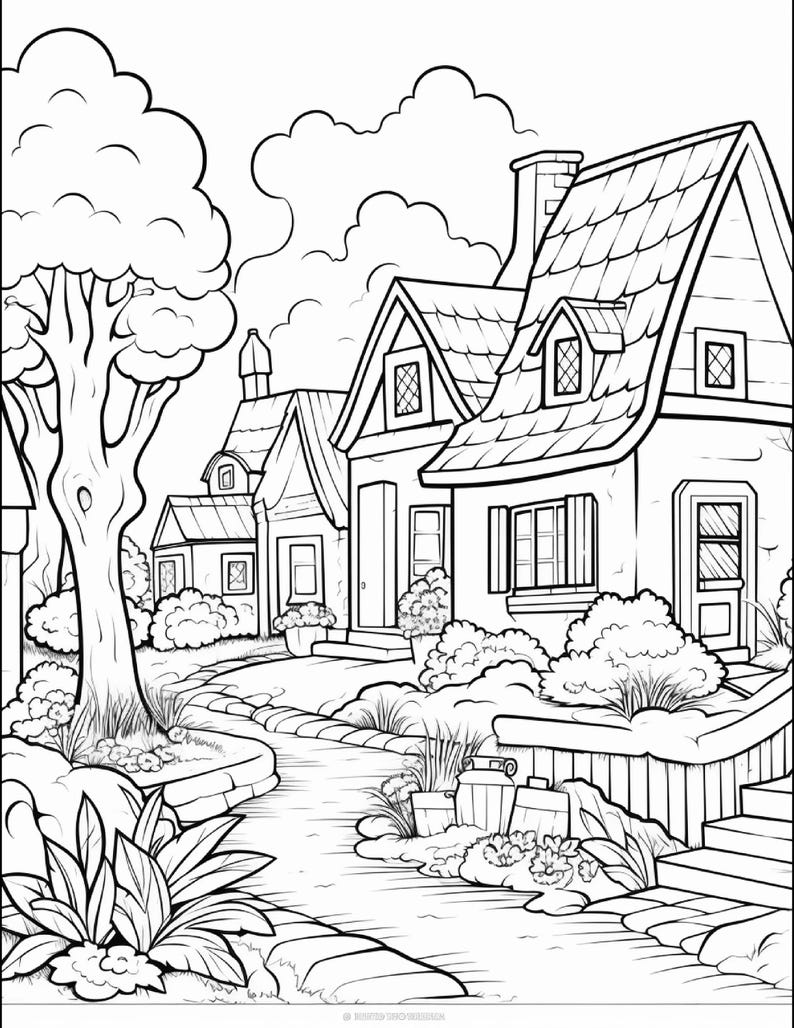 Villages Coloring Pages for Kids & Adults | Printable Village Scenery ...