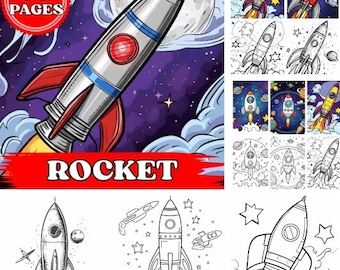 May include: A colorful illustration of a rocket ship blasting off into space, with a red and silver body, red fins, and a red nose cone. The word "ROCKET" is in red text at the bottom. The image also includes a "50 PAGES" badge.