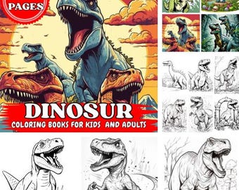 Puede incluir: Un libro para colorear de dinosaurios con una pancarta roja y blanca que dice "DINOSAUR COLORING BOOKS FOR KIDS AND ADULTS". La portada presenta ilustraciones de dinosaurios en tonos azules, naranjas y amarillos. La esquina superior izquierda tiene un círculo rojo con el número "50 PAGES".