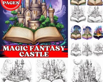 Magische fantasiekasteel kleurplaten | Sprookjesachtig middeleeuws kasteel printbaar kleurboek voor kinderen en volwassenen | Betoverd koninkrijk kunst | Direct