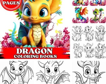 May include: An image of dragon coloring books. The cover shows a friendly, yellow dragon with blue details, set against a floral backdrop. The text "DRAGON COLORING BOOKS" is in bold. The image also includes several colourful and black-and-white dragon illustrations.