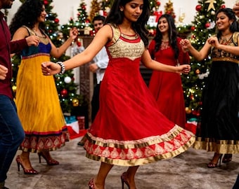 Indian Red Festive Anarkali Dress – Elegant Party Wear with Gold Embroidery