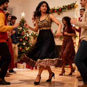 May include: A woman in a black dress with gold accents dances at a party. The dress has a detailed bodice and a flowing skirt. Other people are dancing in the background, with a Christmas tree and decorations visible.
