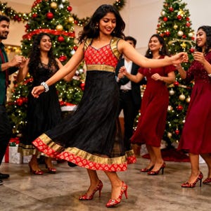 May include: A woman in a black dress with red and gold accents dances in front of a Christmas tree. Other people in the background are also dancing. The dress has a red bodice with gold trim and a black skirt with red and gold trim.