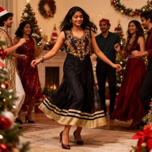 May include: A woman in a black sleeveless dress with gold trim and floral embroidery dances at a holiday party. Other people are in the background, and Christmas decorations are visible.