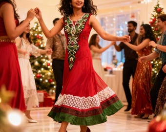 Indian Red  & Green Anarkali Dress – Elegant Party Wear