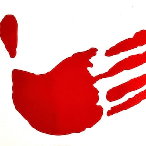 Puede incluir: Una huella de mano roja sobre un fondo blanco. La huella es una forma sólida y audaz, con los dedos y la palma claramente definidos. La imagen es simple y gráfica.