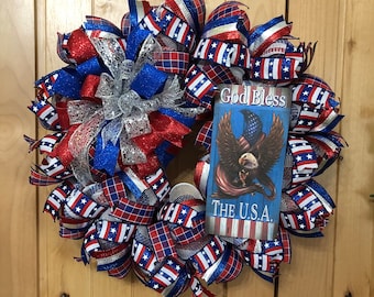 Patriotic Wreath/American Flag Wreath/Red White Blue Wreath/USA Wreath/God Bless The USA Wreath/Patriotic Decor/Front Door Patriotic Wreath