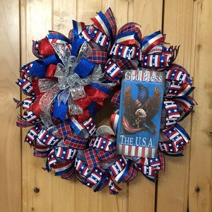 Patriotic Wreath/American Flag Wreath/Red White Blue Wreath/USA Wreath/God Bless The USA Wreath/Patriotic Decor/Front Door Patriotic Wreath