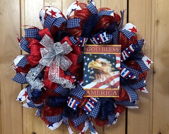 Patriotic Wreath/Eagle Wreath/God Bless America Wreath/red white blue Wreath/Front door-Door Hanger Wreath/USA Wreath/4th of July Wreath