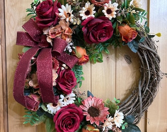 Rose Daisy Sunflowers Grapevine Wreath: Burgundy, Mauve Flowers, Pink, Glitter Bow #196