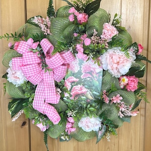 Oreo Bird on Mesh Wreath: Pink Gingham Bow, Pink Peony #140 bild 2