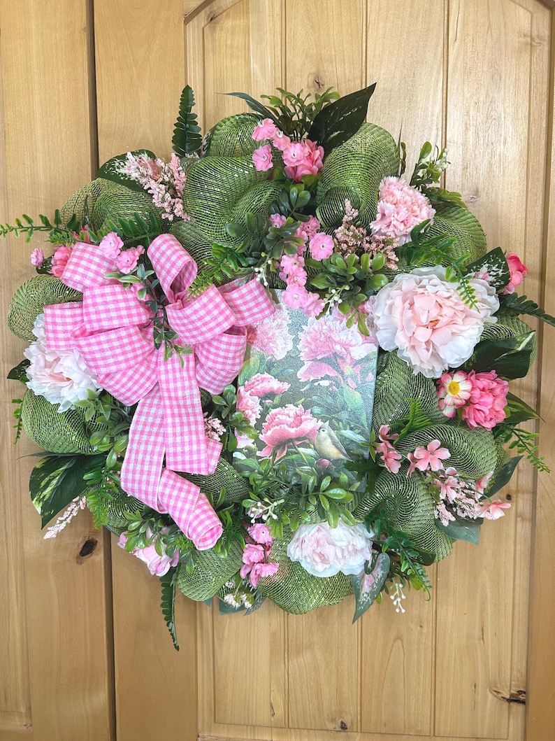 Oreo Bird on Mesh Wreath: Pink Gingham Bow, Pink Peony #140 bild 2