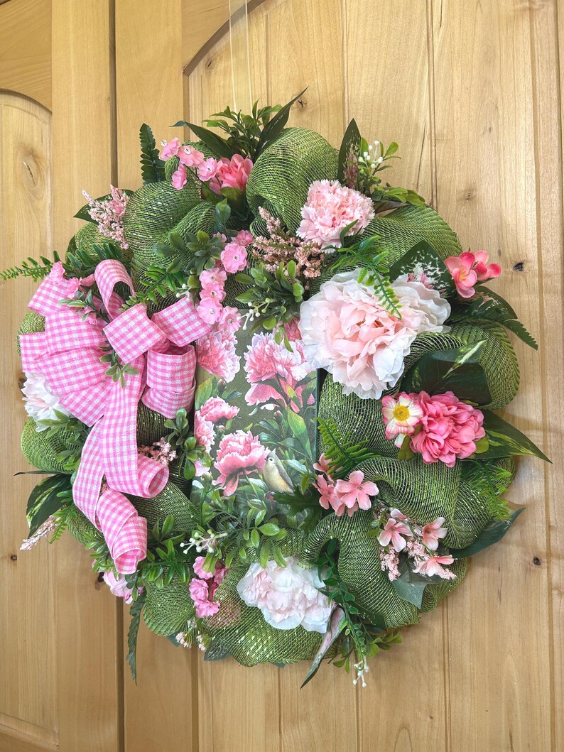 Oreo Bird on Mesh Wreath: Pink Gingham Bow, Pink Peony #140 bild 10