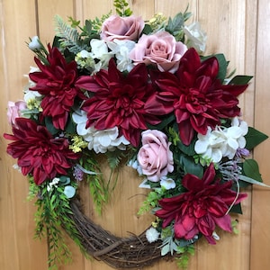 Red Dahlia and Pink Rose Grapevine Wreath: White Hydrangeas, Fall or Christmas Decor