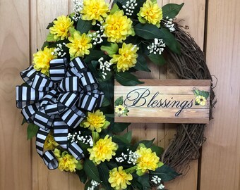 Blessings Flower Wreath/Grapevine Flower Wreath/Yellow Flower Wreath/Yellow Summer Decor/Floral Door Decor/Flower Grapevine Wreath/