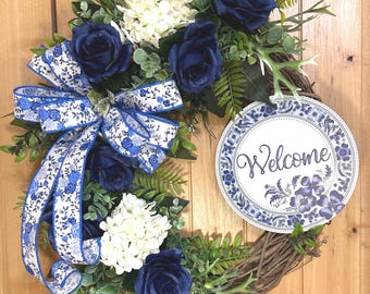 Welcome Grapevine Wreath: Navy Blue and white Bow, White Hydrangea, Navy Roses  #40