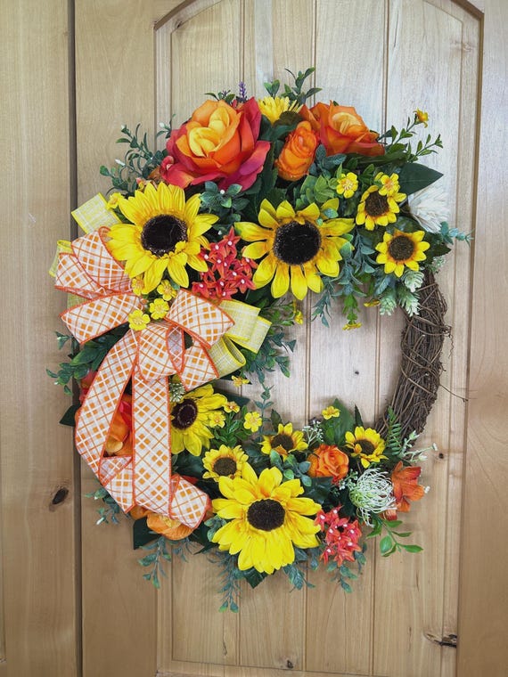 Sunflowers & Orange-Yellow Roses Wreath: Orange Plaid-Yellow Ribbon #145