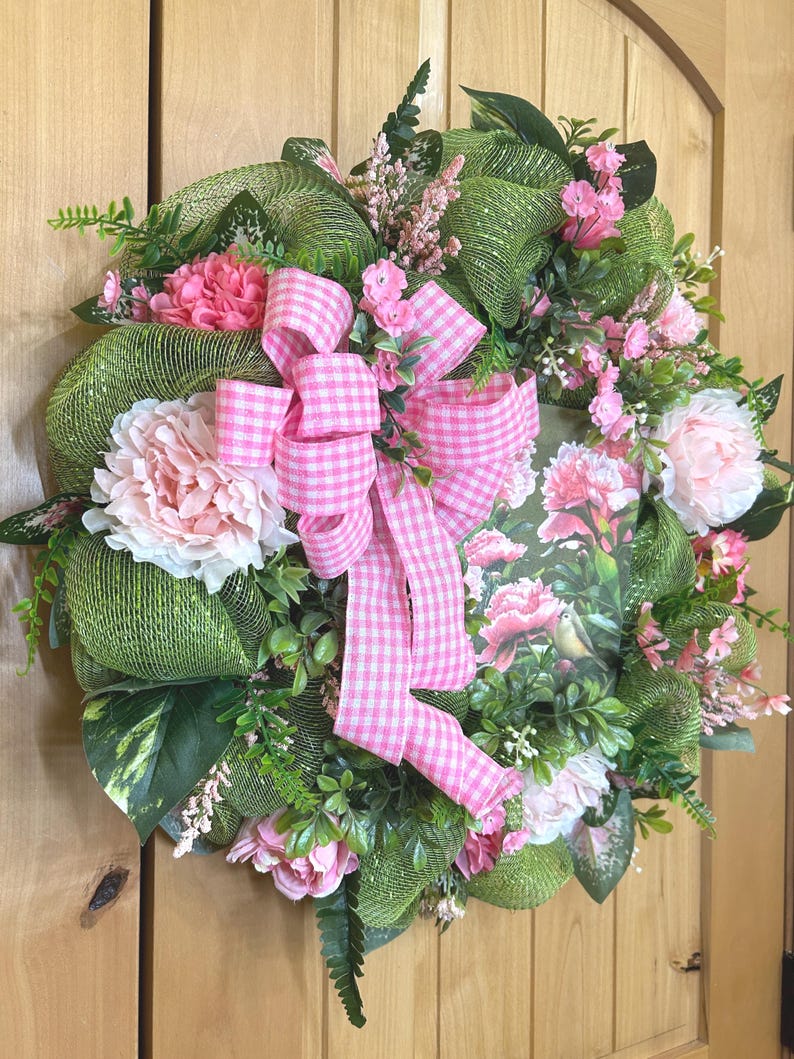 Oreo Bird on Mesh Wreath: Pink Gingham Bow, Pink Peony #140 bild 11
