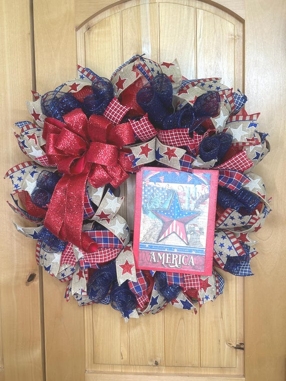 America Wreath: Star and Stripe Sign, Big Red Glitter Bow, Wire Base Wreath #130