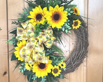 Sunflower Grapevine Wreath: Lots of Greenery, Yellow and White Plaid Sunflower Bow #159
