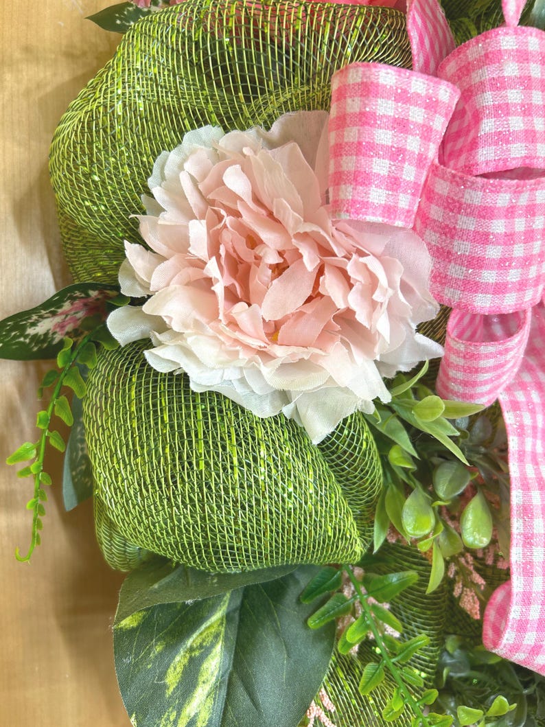 Oreo Bird on Mesh Wreath: Pink Gingham Bow, Pink Peony #140 bild 5