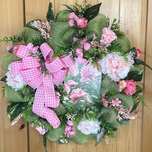 Oreo Bird on Mesh Wreath: Pink Gingham Bow, Pink Peony #140 bild 1