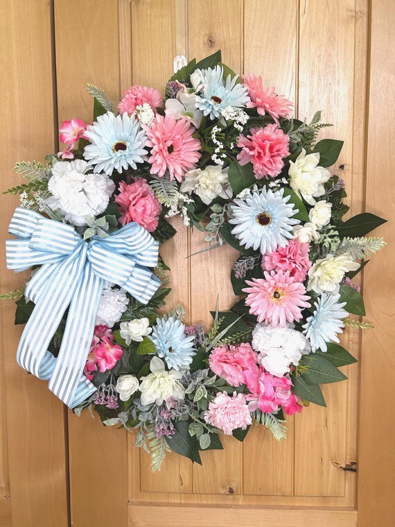 Pink Blue White Flower Wreath: Pretty Bow, Lots of flowers and Greenery  #64