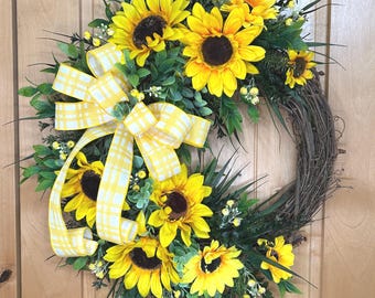 Bright Sunflower Grapevine Wreath: Yellow and White Plaid Bow, Lots of Greenery #158