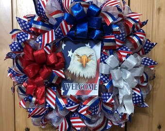 Patriotic Wreath/Eagle Wreath/Stars & Stripe Wreath/Front door-door hanger USA Wreath/Welcome America Wreath/4th of July Wreath/Vet Wreath