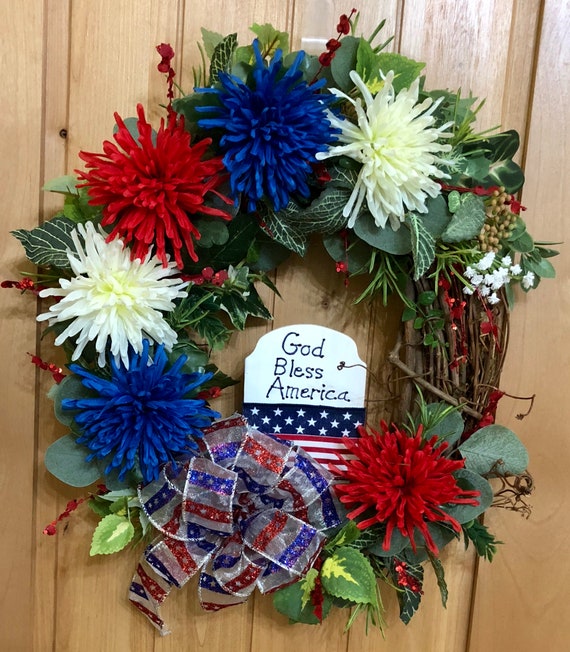 Patriotic Wreath Red White Blue Decor God Bless America Etsy