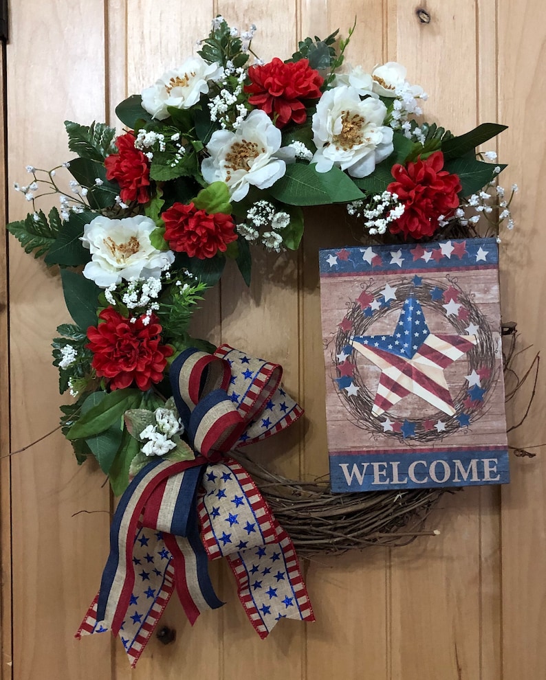 Front Door Wreath and Blue Deco Mesh Wreath American Wreath White Patriotic Wreath Patriotic Truck with WELCOME friends Red