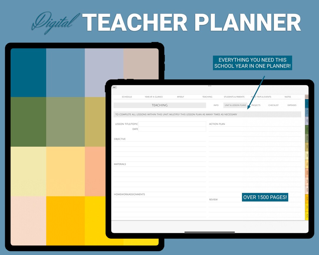 Digital Teacher Planner summer Goodnotes, PDF, Linked, Undated, Unit