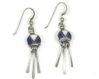 Sterling Silver Drop Dangle Earrings Channel Set Inlay Opal Lapis Jet Blue Signed