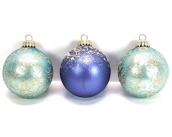 3 Elegant Glass Ornaments Christmas by Krebs Blue Silver Glitter 1980s