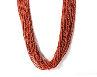 Beaded Multi-Strand 30" Necklace Orange-Red Glass Seed Beads Vintage Native Amer
